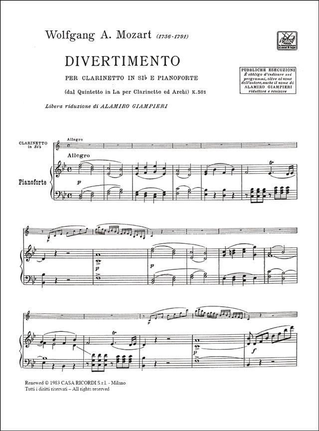 Quintetto In La Kv 581 Per Clarinetto - klarinet a klavír